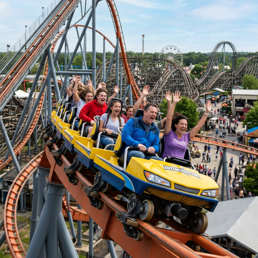 People enjoying a roller coaster ride with hands raised and excited expressions