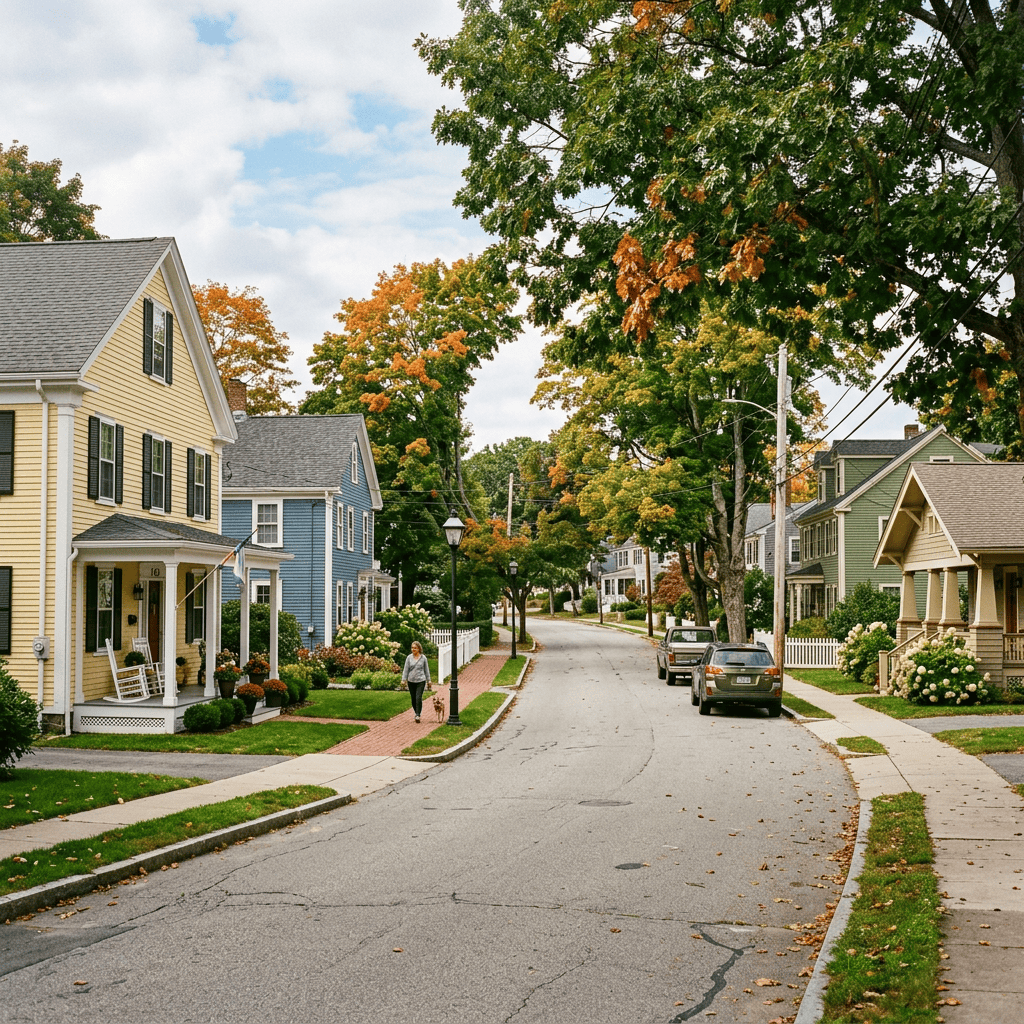 Quiet residential street with colorful autumn trees and historic homes