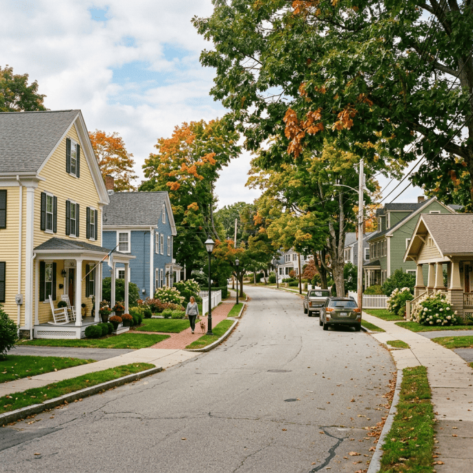 Quiet residential street with colorful autumn trees and historic homes